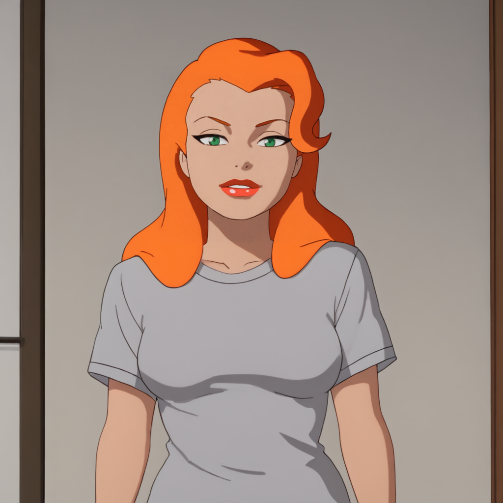 <lora:poisonivybtas_pony_v1:.8> PoisonIvyShirt, 1girl, solo,  green eyes, lipstick, t-shirt, long hair, orange hair, makeup, breasts, dark skin, short sleeves, red lips, cowboy shot
