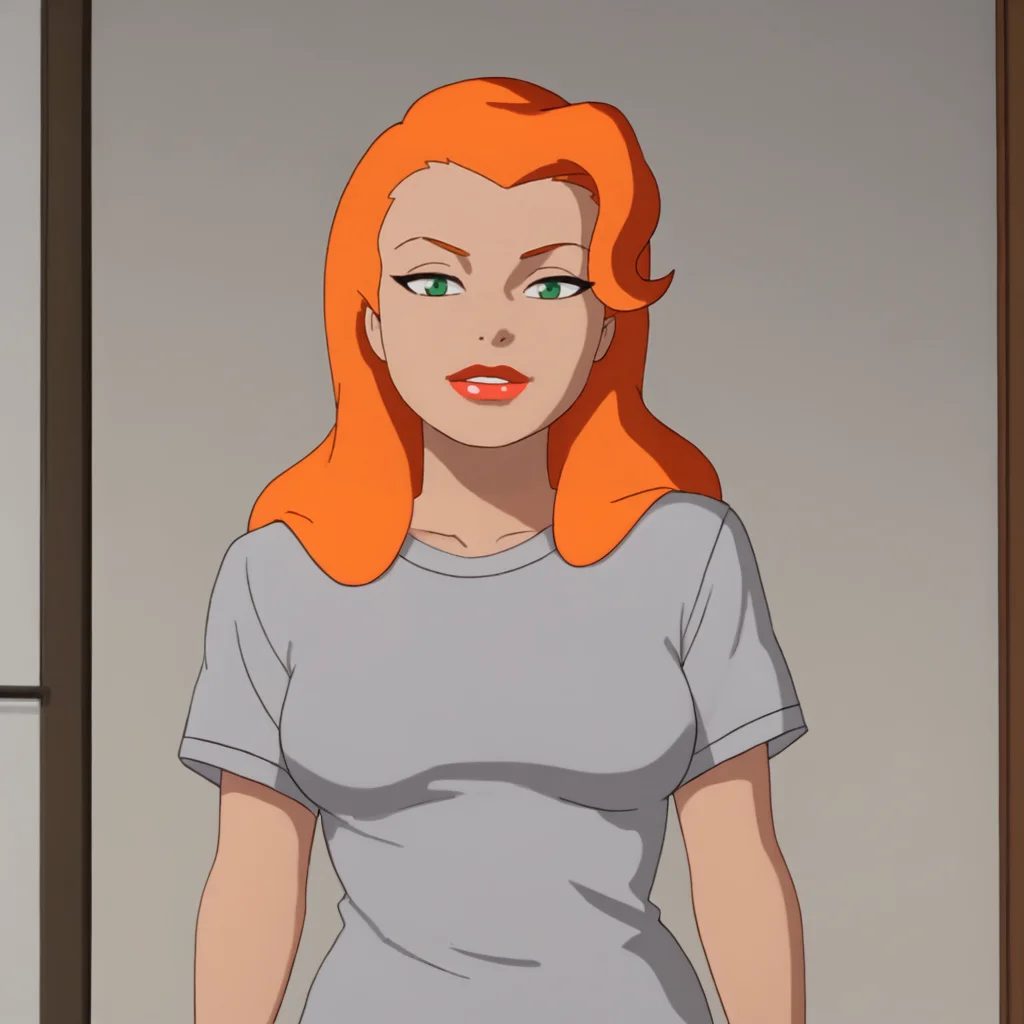 <lora:poisonivybtas_pony_v1:.8> PoisonIvyShirt, 1girl, solo,  green eyes, lipstick, t-shirt, long hair, orange hair, makeup, breasts, dark skin, short sleeves, red lips, cowboy shot