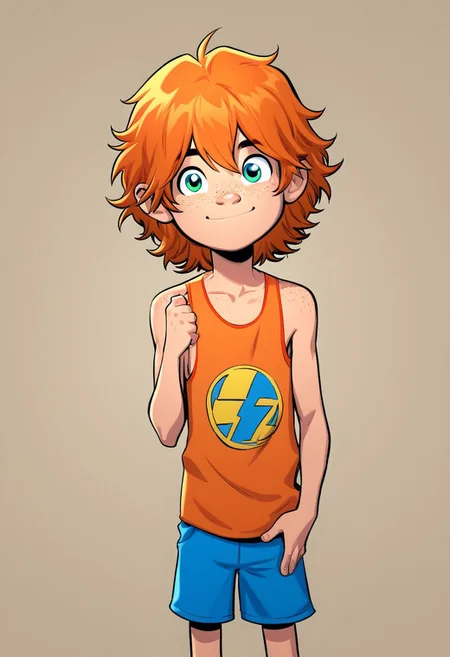 1boy, solo, cute boy, Bailey Briggs, Orange Hair, Blue Eyes, Freckles, Green Eyes, tank top, blue shorts