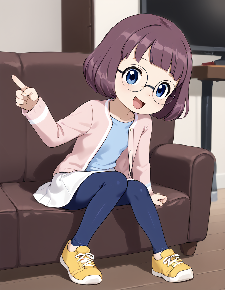 1 girl, solo Inaho Misora, bob cut, glasses, pink jacket, blue shirt, skirt, leggings, blue eyes, yellow shoes
Sitting in sofa, watching TV, pointing at TV, 