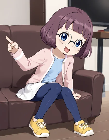 1 girl, solo Inaho Misora, bob cut, glasses, pink jacket, blue shirt, skirt, leggings, blue eyes, yellow shoes
Sitting in sofa, watching TV, pointing at TV,