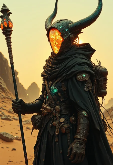A surreal cyberpunk setting under a gritty bleaked beige and Yellow desert sunset, an eerie horned sci-fi shinobi scout with billowing octopus backpack stands in a sandstorm, their holographic crystalline mask glinting like shattered rainbows. Iridescent teal energy veins pulse across their form. The atmosphere is thick with heat distortion, glowing particles floating in the air. dark atmospheric lighting, Holding a Low Key luminous orb-staff