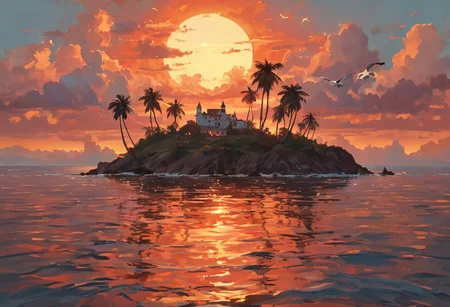 a beautiful view of a small island in the middle of ocean, some palms in the middle of island, at sunset, with suns in the background, the suns reflects on the ocean, the sky with reddish shades, some clouds in the sky, some seagull fly in the sky
detailxl,<lora:vivid_everclear:0.35> <lora:Sinozick:0.35> <lora:MJ52:0.35>