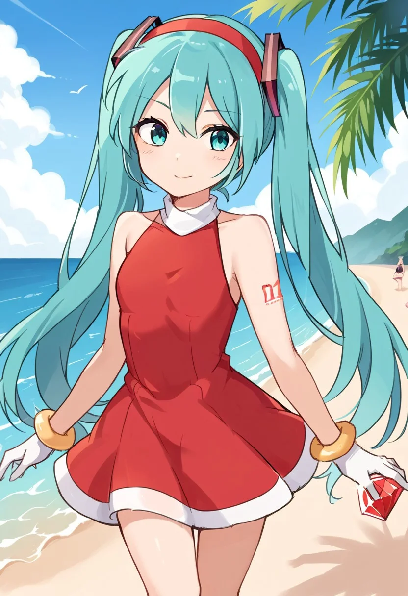 score_8, score_8_up, score_7_up, source_anime, Hatsune Miku, aqua hair, twintails, aqua eyes, AR_fu_ku, red headband, hairband, turtleneck dress, sleeveless dress, halter dress, red dress, short dress, circle skirt, bracelet, gloves, white gloves, cowboy shot, standing, outdoors, beach, water, holding emerald, palm tree, tropical, chaos emerald,