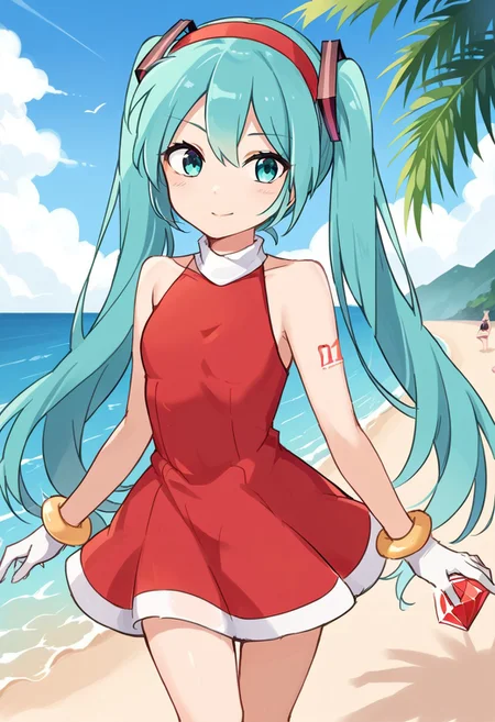 score_8, score_8_up, score_7_up, source_anime, Hatsune Miku, aqua hair, twintails, aqua eyes, AR_fu_ku, red headband, hairband, turtleneck dress, sleeveless dress, halter dress, red dress, short dress, circle skirt, bracelet, gloves, white gloves, cowboy shot, standing, outdoors, beach, water, holding emerald, palm tree, tropical, chaos emerald,