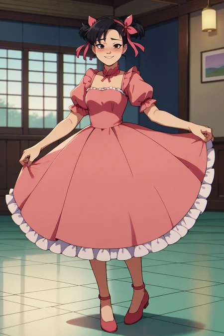 score_9, score_8_up, 1girl, solo,  <lora:clamJubilee_xmen97PDXL:1> clamJBLee97, black hair, brown eyes, pink dress, frilly dress, puffy sleeves, hair ribbon, blush, smile, indoors, dance-floor