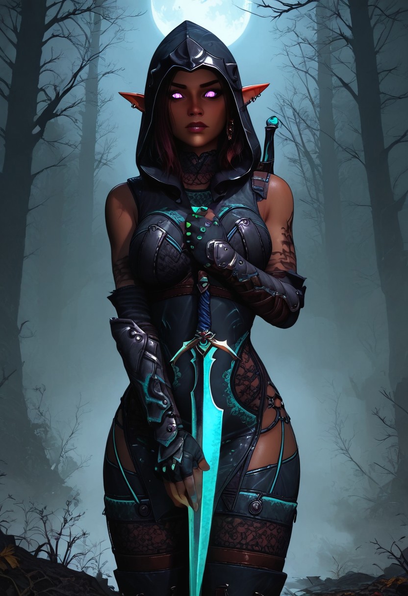 score_9,score_8_up,score_7_up,score_6_up,score_5_up, masterpiece, best_quality, ultra-detailed, Fantasy style, 
((Highly detailed, cinematic lighting, dark and mystical atmosphere)), closeup, upper body shot,
1girl, dark elf, elf ears, drow, grey skin, assassin, n1ght1ng4l3, armor, thigh boots, gauntlets, hood, glowing eyes, purple eyes, leather, (dagger, bow \(weapon\), quiver), straps, equipment, piercings,
Dark Forest, leaves, Shadows, at night, night, Moon, cloudy skies, godrays, godrays coming through leaves on trees, fog, mist, fog covering body from the waist down, heavy fog, heavy mist, mist covering the ground, eerie, dramatic lighting,