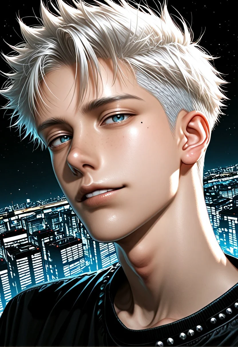 score_9, score_8_up, score_7_up, score_6_up, source_anime, realistic, young man, 1boy, male focus, slim body, rustic, celestial, night time, parted bangs, city, modern attires, white undercut hair, cyberpunk, naughty face, studded, close-up, bottom, dark background, dynamic action, surreal angle, <lora:Expressive_H:0.5> Expressiveh <lora:m03b1us:0.3> m03b1us <lora:kl1mtXLP:0.3> <lora:ph4nt0m01lXLP:0.5> ph4nt0m01l
