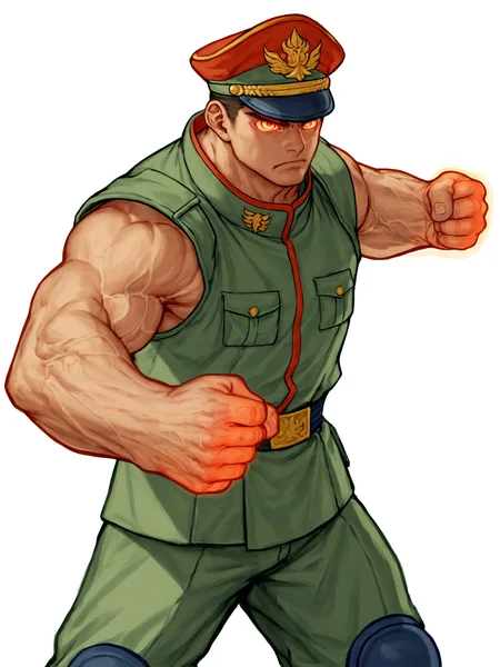 score_9, score_8_up, score_7_up, in kinu-sensei artstyle, 1boy, male focus, bulky body, muscular, veins, solo, hat, sleeveless uniform, military, red peaked cap, red uniform, armor, knee pads, cropped feet, glowing hands, blue flames, facing viewer, fighting stance, clenched fists, dynamic pose, white background, foreshortening,<lora:Kinu_Nishimura_Capcom_Style_LoRA_Pony-000010:0.75>