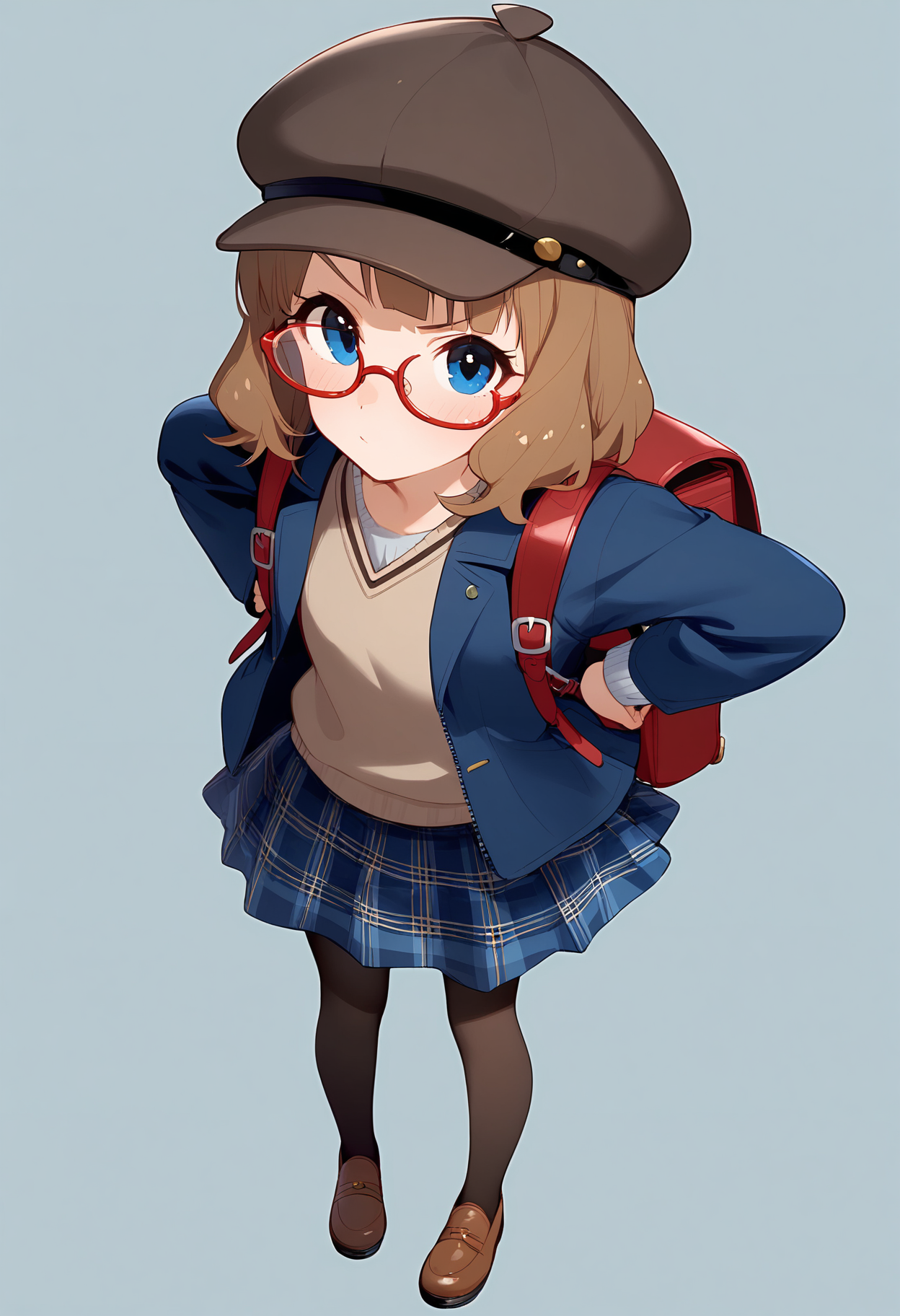 1girl,
suou momoko,


blush, hat, brown hair, long sleeves, ahoge, full body, plaid skirt, open clothes, skirt, red-framed eyewear, blue skirt, plaid, jacket, hand in pocket, white background, sweater, blue jacket, v-shaped eyebrows, brown sweater, brown hat, bag, solo, closed mouth, blue eyes, cabbie hat, sidelocks, open jacket, backpack, looking at viewer, glasses, simple background, pantyhose,

sfw
<lora:a31_char_new_suou_momoko-000026:1> <lora:a31_style_koni-000010:0.8>