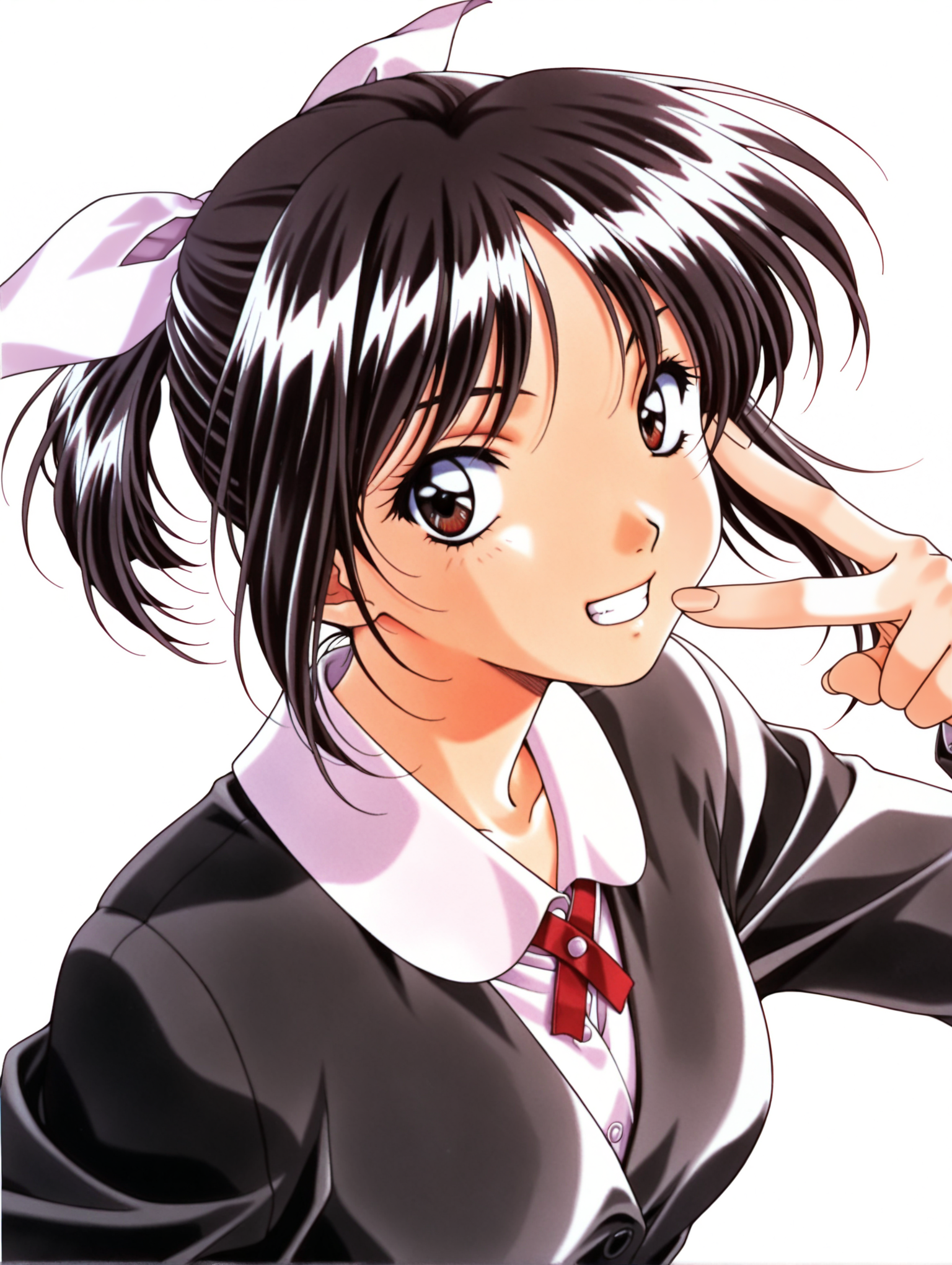 masterpiece,best quality,newest,
1girl,solo,
<lora:morii_kaho_ilxl_v1.0:1>,kaho,black hair,white hair bow,brown eyes,k_clothes,jacket,long sleeves,1990s \(style\),retro artstyle,
<lora:Fixhands_anime_bdsqlsz_V1:1>,white_background,simple_background,looking_at_viewer,upper_body,grin,v over eye,portrait,