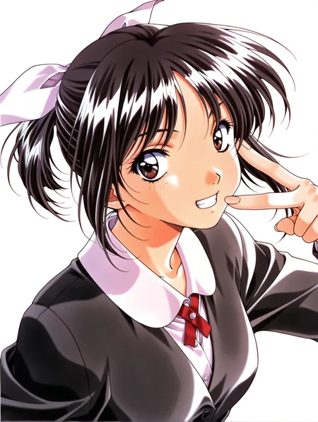 masterpiece,best quality,newest,
1girl,solo,
<lora:morii_kaho_ilxl_v1.0:1>,kaho,black hair,white hair bow,brown eyes,k_clothes,jacket,long sleeves,1990s \(style\),retro artstyle,
<lora:Fixhands_anime_bdsqlsz_V1:1>,white_background,simple_background,looking_at_viewer,upper_body,grin,v over eye,portrait,