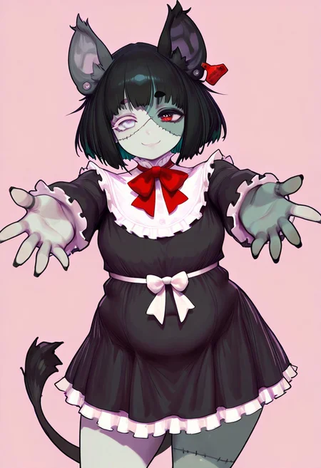 masterpiece, high quality, absurdres, gorgeous, simple background, 1girl, contrapposto, 3cto, patchwork skin, stitches, animal ears, ear tag, heterochromia, black tail, frilled dress, bowtie, black nails, ((chubby)), smile, cute, sfw, hands reaching towards viewer, inviting for hug