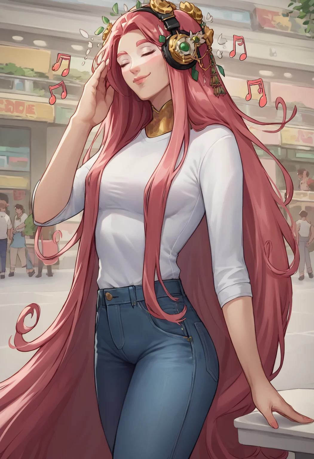 score_9, score_8_up, score_7_up,score_6_up, BREAK
source_anime
aphroditehades2,
white shirt, jeans, headphones, music note, closed eyes, closed mouth smile, in the mall walking
<lora:aphroditeHades2Pony:1>
