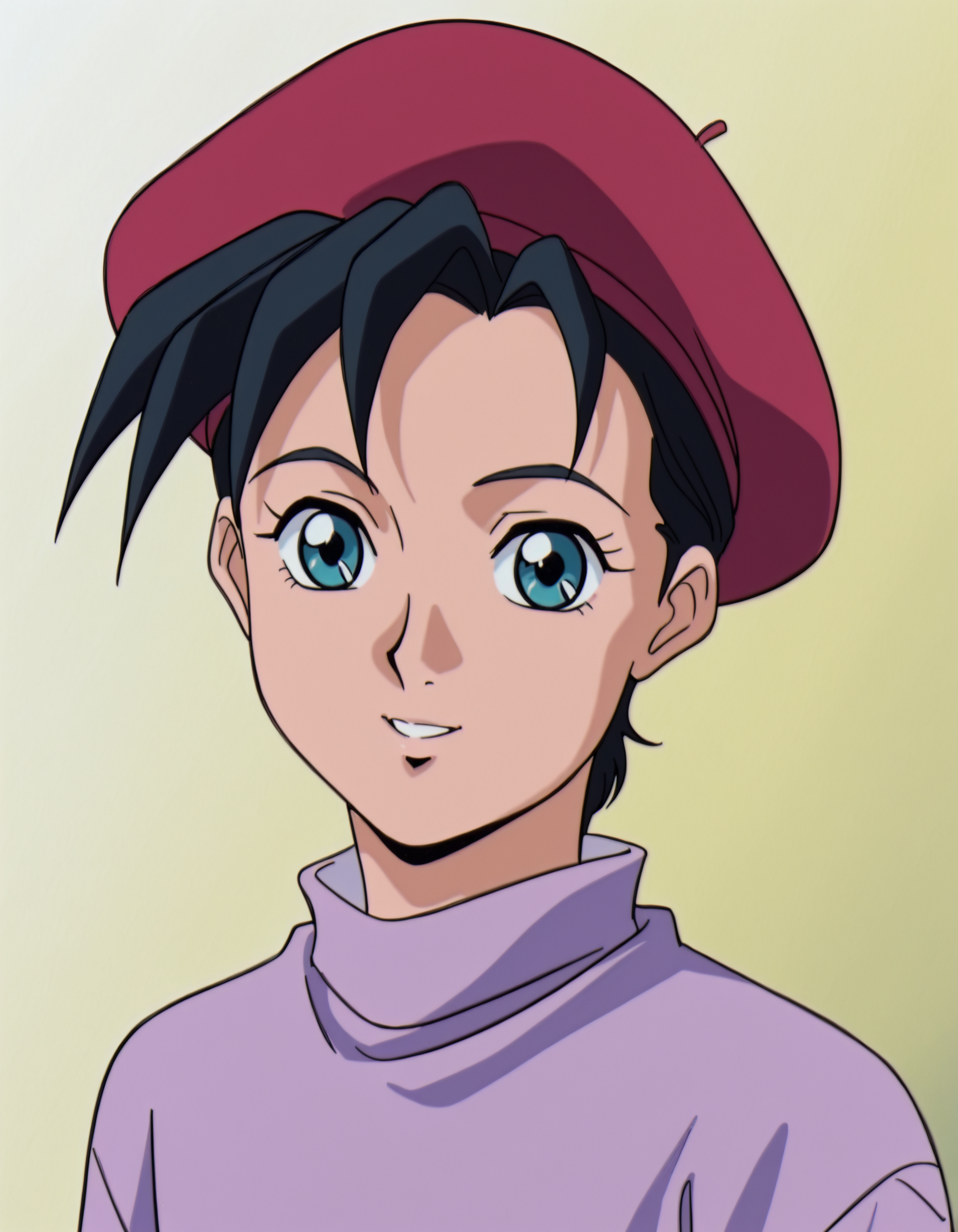 <lora:HildeSchbeikerGundamWingIllustrious1.0JLFO:1> hilde, 1girl, 1990s, retro artstyle, black hair, solo, short hair, blue eyes, beret, purple sweater,portrait, upper body, smile, looking at viewer, simple background, parted lips,