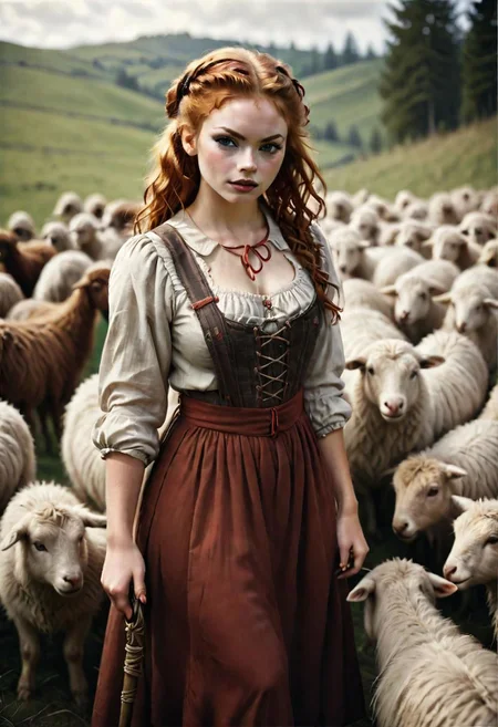 redhead, woman 18 yo, very red curly hair, ginger,
tick red eyebrows,
Analog film photograph, extremely detailed, photorealistic, professional photograph,
1girl, grrrl,
wearing homespun peasant dress,
shepherdess holding a shepherd's crook, flock of sheep,