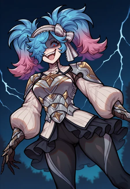 masterpiece, best quality, newest, absurdres, highres, 1girl, standing, evil smile, laughing, shaded face, spread arms, legs apart, dutch angle, <lora:PeriFE-illu:1> peri, gradient hair, blue hair, pink hair, twintails, hair over one eye, red eyes, bonnet, striped hair bow, turtleneck, breastplate, shoulder armor, puffy sleeves, gauntlets, black skirt, miniskirt, black pants, yoga pants, night, lightning