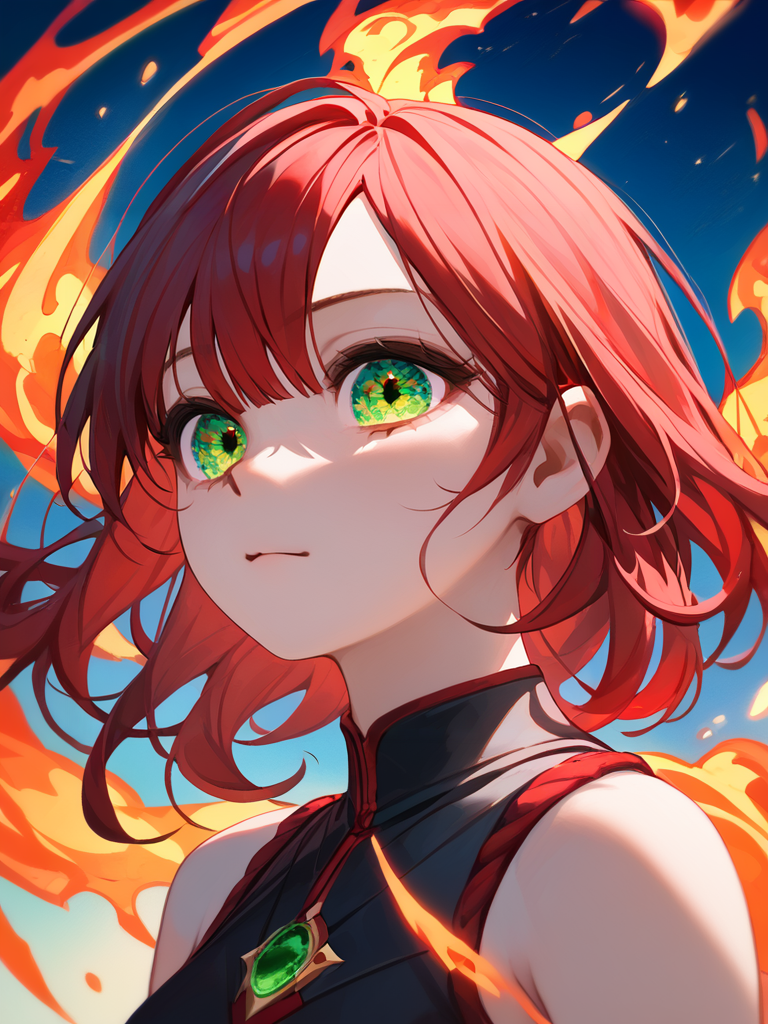 PDXL, <lora:OpalEyesV1Pony:1>, opal_eyes, 1girl, cute face, detailed eyes, short red hair, glowing green eyes, close-up, standing in a fire