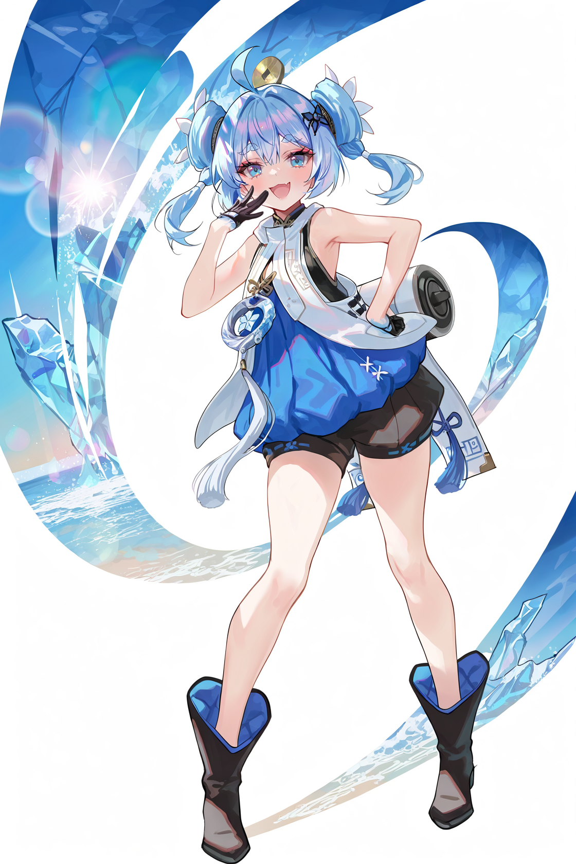 8k, best quality, masterpiece, (ultra-detailed), (high detailed skin), 
((artist:reoen),(artist:fuzichoco),(artist:atdan),(artist:torino_aqua),year 2024:0.8)1girl, 8k, masterpiece, best quality, colorful, detailed light, light leaks, sunlight, bokeh, blurry foreground, ray tracing, lens flare, cinematic lighting, 
full body, full shot, standing, looking at viewer, (solo:1.2), simple background, (white background:1.2), hand on own hip, white background, 
<lora:youhu-noob-Tanger-000014:0.8>, youhu, def-youhu clothes, 1girl, gloves, blue eyes, blue hair, black footwear, boots, hair ornament, shorts, ahoge, bare shoulders, black gloves, sleeveless, bangs, double bun, 
mesugaki, ridicule, laughing, 
A full-body portrait of a young girl, standing gracefully, pastel art style, high-key lighting, shoujo manga influence, hd quality, delicate details,
