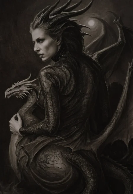 surrealist art monoxxdr4ws, a dark, monochrome drawing of pale woman with dragon at her back, close-up . dreamlike, mysterious, provocative, symbolic, intricate, detailed, astonishing gloomy art made mainly of shadows and lighting, forming monoxxdr4ws, a dark, monochrome drawing of pale woman with dragon at her back, close-up. masterful usage of lighting, shadows and chiaroscuro. made by black-hearted artist, drawing from darkness. best quality, high resolution