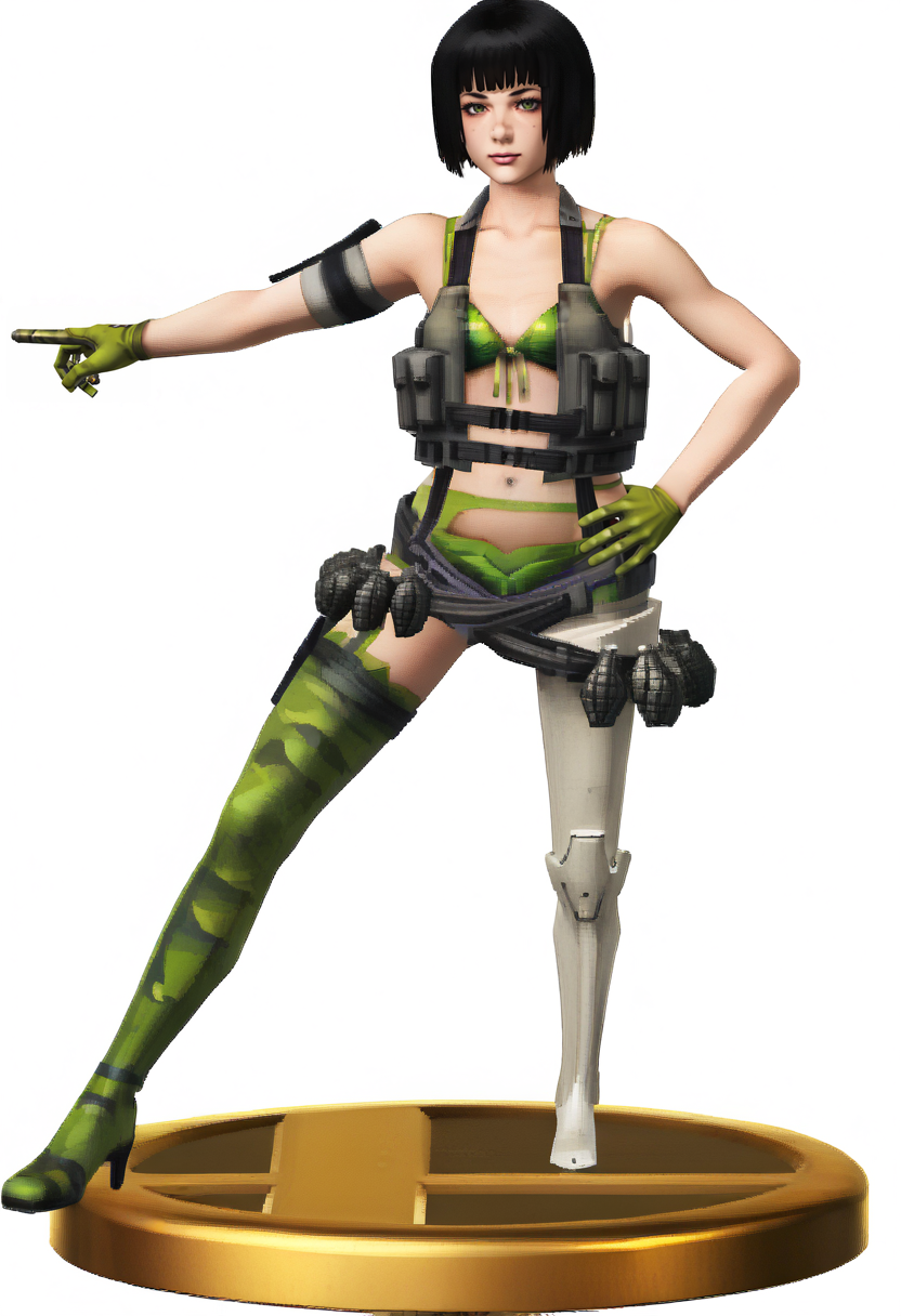 score_9, score_8_up, score_7_up, source_anime, 1girl, solo, 
<lora:zs_SmashTrophiesXL:1> smashtrophies, faux figurine, 3d, full body, white background
 <lora:NNMHHollySummers:1> NMHHolly,black hair, short hair, bob cut, cammouflage bikini, revealing clothes, load bearing vest, green gloves, utility belt, grenade, asymmetrical legwear, single thighhigh, single mechanical leg,