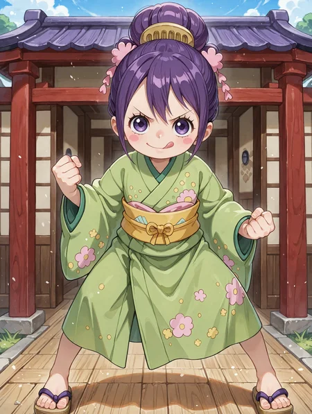 ultra-detailed, ultra-detailed background, ultra-detailed eyes, hair between eyes, 1girl, <lora:Tama_Kurozumi_-_One_Piece__Illustrious:0.8>, child, purple hair, shimada hairstyle, hair bun, purple eyes, eyelashes, one piece wano style, hair ornaments, pink cheeks, green kimono, yellow sash, patched kimono, japanese sandals, loose clothes, standing, fighting stance, spread feet, detailed toes, v-shaped eyebrows, looking at viewer, licking lips, clenched hands, intense, <lora:hand 5.5_903007:0.1>, well-defined fingers, ultra-detailed fingers, <lora:illustriousXL_stabilizer_v1.7_1135253:0.1>, <lora:spo_sdxl_10ep_4k-data_lora_webui_482964:1>, <lora:Hyper-SDXL-8steps-lora:0.5>, <lora:add-detail-xl:1>, general, masterpiece, best quality, amazing quality, very aesthetic, absurdres,