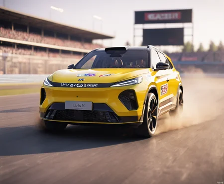 SUV car,movie theater,absurdres,game cg,cinematic lighting,photo,reality,depth of field,masterpiece,front view,(SUV racing around the track, with racing stickers on the body, track version of the SUV,motion blur:1.4),<lora:2.20suv car_xl-000010:1>,