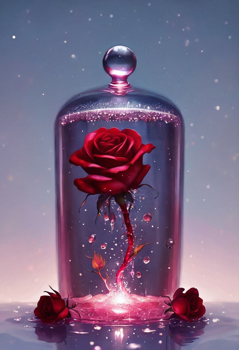 novuschroma08 style, a lone rose in a white crystal container with sparkling droplings of water dropping from its red petals and thorns