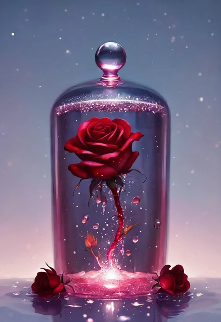 novuschroma08 style, a lone rose in a white crystal container with sparkling droplings of water dropping from its red petals and thorns