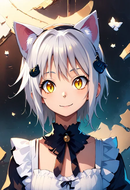 score_9, score_8_up, score_7_up, score_6_up,
detailed face, cute, masterpiece, best quality,
detailed background,
solo, 1girl, Koneko, white hair, yellow eyes, cat hairclip, gloves, white cat ears, white cat tail, easynegative, maid, smiling