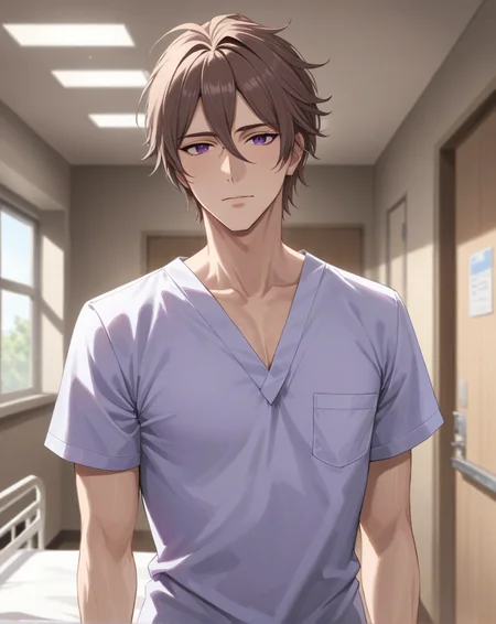 masterpiece, best quality, very aesthetic, absurdres, very detailed, sensitive, depth of field, ((1boy, solo, male only, male focus, cowboy shot)), <lora:graham_fallon_sdxl_lora:0.8>, (graham de fallon, brown hair, purple eyes, short hair, hair between eyes, long bangs), medical scrubs, white clothes, hospital, looking at viewer, <lora:Lightning-8:0.5>, <lora:xl_more_art-full_v1:0.6>