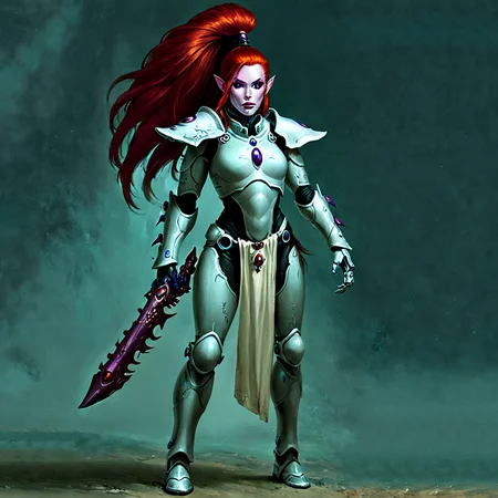 <lora:aeldari_xl_7:1>aeldari, asuryani, banshee, banshee's armor, aeldari's shoulder armor, 1girl, solo, long hair, purple eyes, full body, weapon, red hair, gauntlets, pauldrons, breastplate