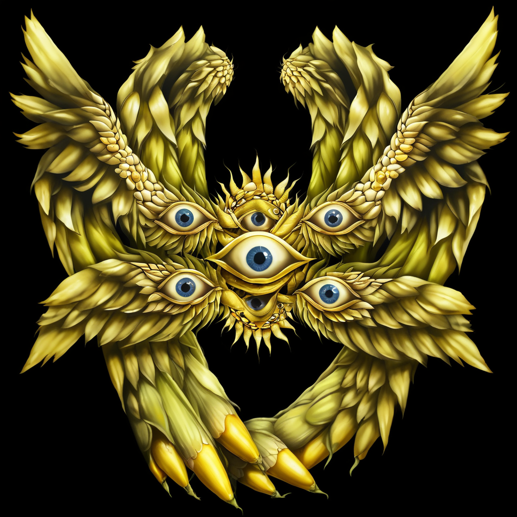 <lora:biblical_angels:1>realism,biblicalangellora, integrated,wings, many eyes, rings, wings, dark background,<lora:CornKernelStyle:0.6>corncobs,corn kernels