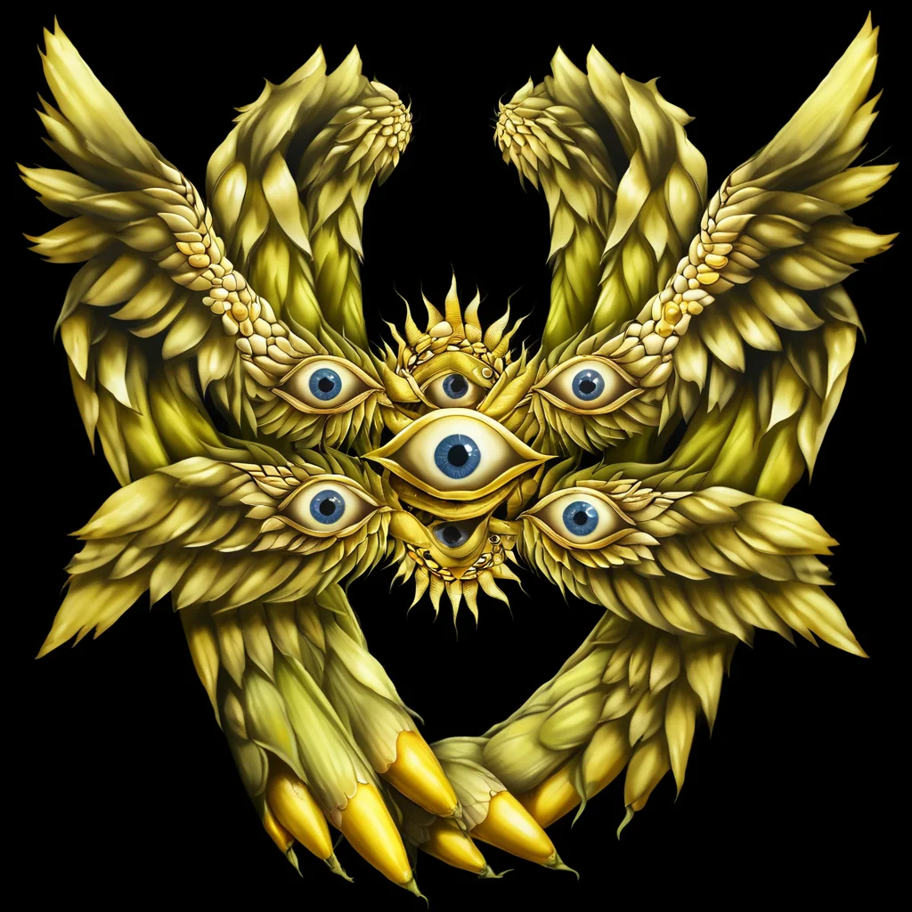 <lora:biblical_angels:1>realism,biblicalangellora, integrated,wings, many eyes, rings, wings, dark background,<lora:CornKernelStyle:0.6>corncobs,corn kernels