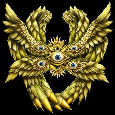 <lora:biblical_angels:1>realism,biblicalangellora, integrated,wings, many eyes, rings, wings, dark background,<lora:CornKernelStyle:0.6>corncobs,corn kernels