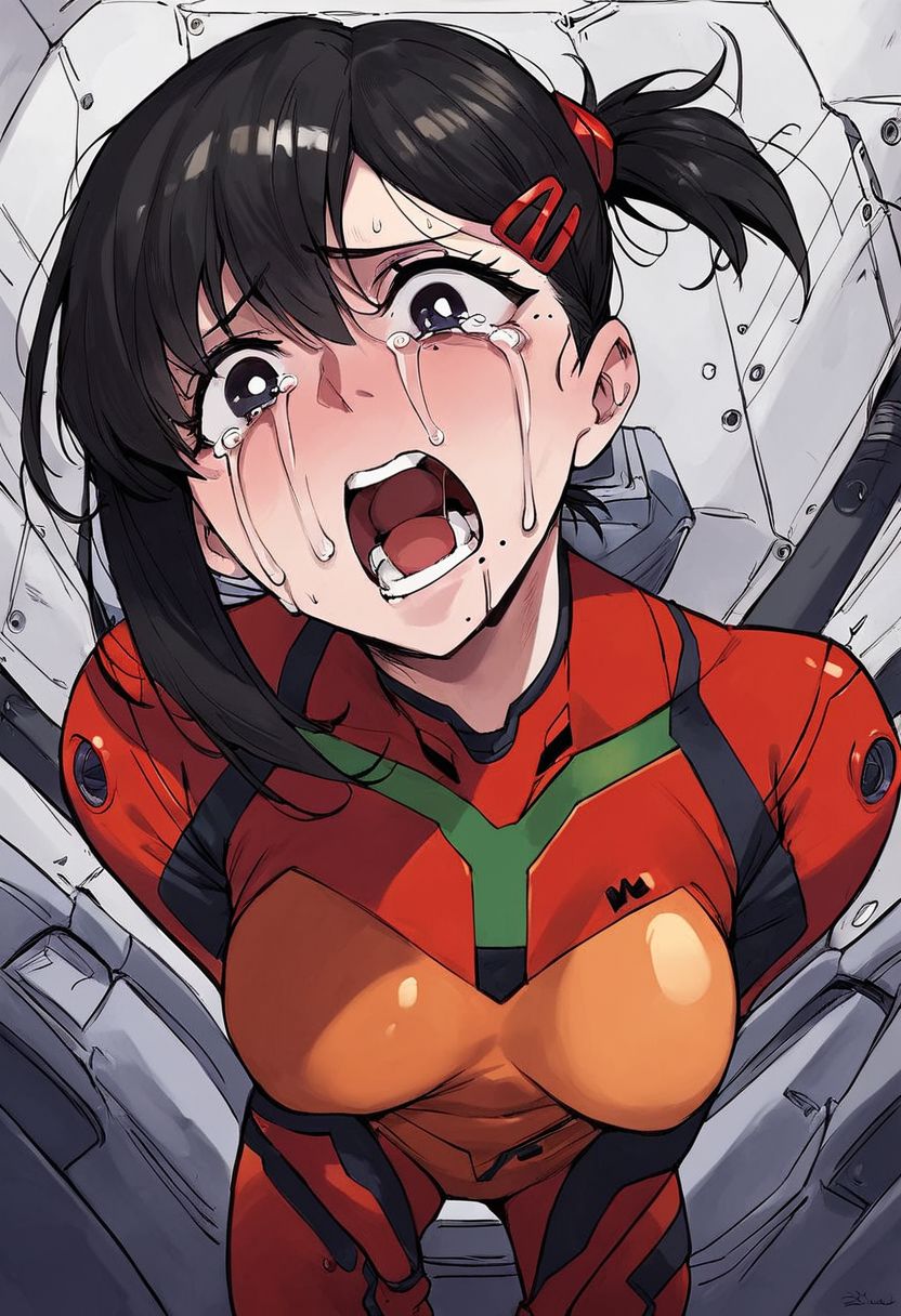 rating_explicit, (score_9, score_8_up, score_7_up, score_6_up, score_5_up, score_4_up), Mevak_PS, higashiyama kobeni, plugsuit, 1girl, cosplay, open mouth, hair ornament, red bodysuit, hairclip, cockpit, mole under mouth, mole under eye, souryuu asuka langley, black hair, interface headset, short ponytail, looking at viewer, bangs, single sidelock, pilot suit, teeth, crying, screaming, medium hair, medium breasts, tears, multicolored clothes, scared