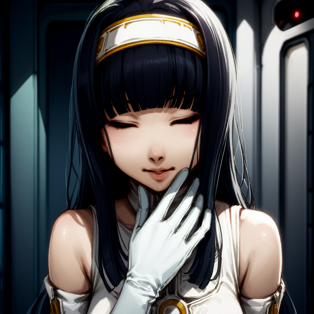 masterpiece, best quality, very aesthetic, yuriko, long hair, black hair, blunt bangs, gloves, black eyes, white gloves, lips, dress, hairband, elbow gloves, bare shoulders, spaceship interior, calm, cold heat, closed eyes, emotionless, light smile