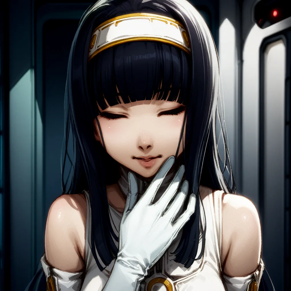 masterpiece, best quality, very aesthetic, yuriko, long hair, black hair, blunt bangs, gloves, black eyes, white gloves, lips, dress, hairband, elbow gloves, bare shoulders, spaceship interior, calm, cold heat, closed eyes, emotionless, light smile