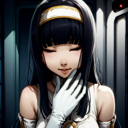 masterpiece, best quality, very aesthetic, yuriko, long hair, black hair, blunt bangs, gloves, black eyes, white gloves, lips, dress, hairband, elbow gloves, bare shoulders, spaceship interior, calm, cold heat, closed eyes, emotionless, light smile