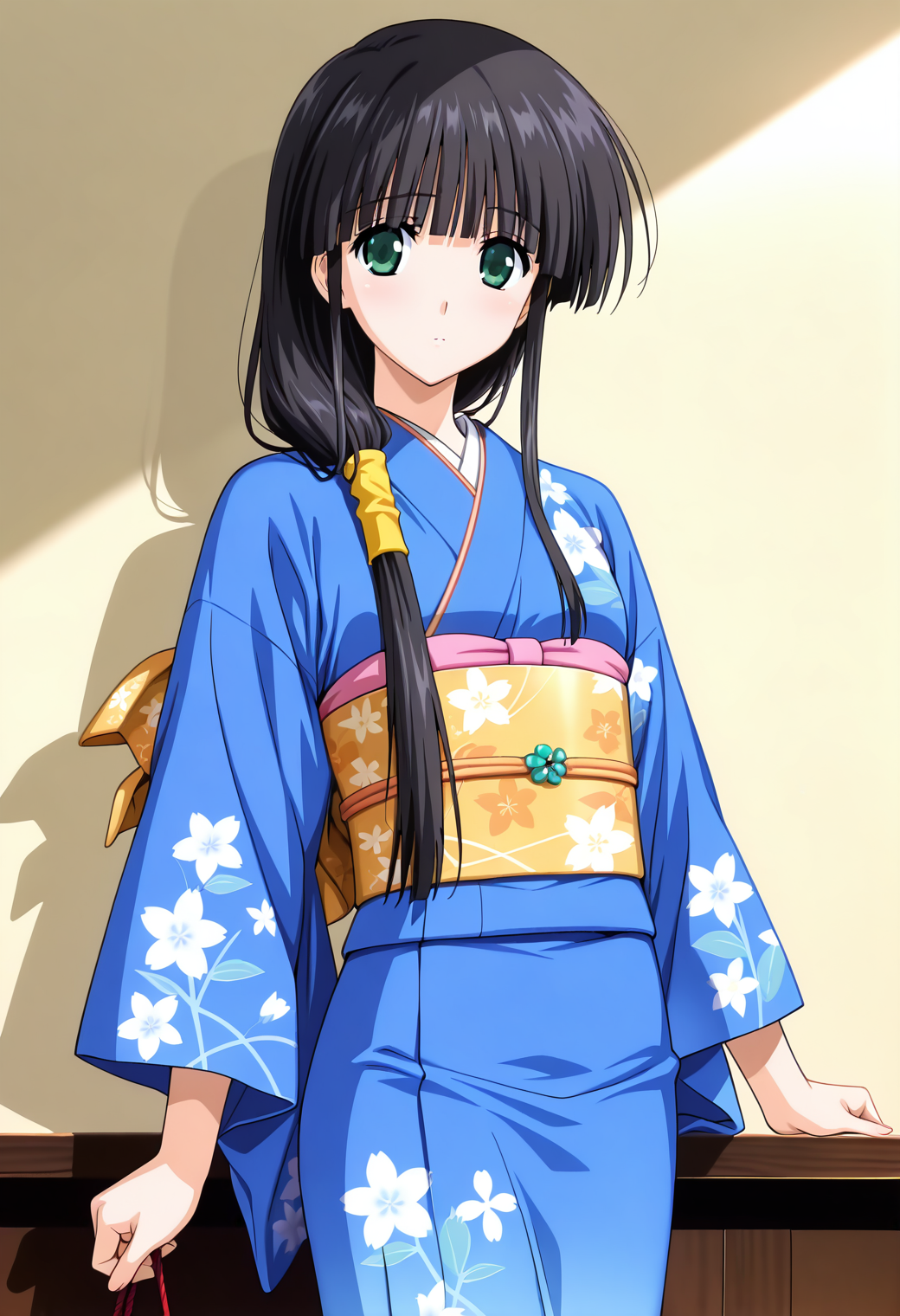 masterpiece, best quality, very aesthetic, absurdres, 1girl, solo,
<lora:hasebe_aya_v01:0.9>, hasebe_aya, black hair, low-tied long hair, ponytail, hair over shoulder, blunt bangs, sidelocks, green eyes,
blue kimono, obi, posing, cowboy shot,