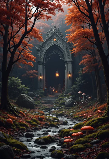 In a vast forest where autumn never ends, the trees are perpetually adorned with leaves in shades of red, orange, and gold. The ground is covered in soft, crunchy leaves, and the air is crisp with the scent of pine and wood smoke. In the heart of the forest, an ancient stone temple stands surrounded by towering oaks and weeping willows. The temple is covered in intricate carvings of mythical beasts and symbols of the forest gods. A stream winds through the forest, its waters shimmering with magic and its banks lined with mushrooms that glow in the twilight. In the trees, small winged creatures with glowing eyes dart between branches, and gentle deer with antlers of silver graze peacefully on the soft moss. The soft glow of lanterns hangs from the trees, casting a warm, inviting light. A group of druids walks along the forest path, their robes made of woven leaves and vines, as they perform a ritual to honor the spirit of the forest.