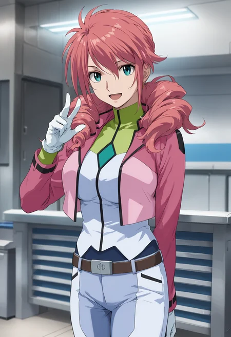 score_9, score_8_up, score_7_up, score_6_up, perfect hands,score_ANIME,1girl, , <lora:feldt_grace_pony:1> looking at viewer, cowboy shot,feldtgrace, feldts1, solo, 1girl, , pink hair, long hair, belt, cropped jacket, smile, green eyes, looking at viewer, standing, white gloves, pants, large breasts, closed mouth, twin drills, hair over shoulder, open mouth,