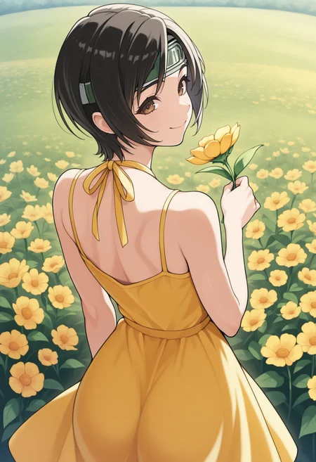 masterpiece, best quality, solo, 1girl, smile, looking at viewer, <lora:Yuffie-illus_Fp:1>, yuff7, short hair, black hair, brown eyes, forehead protector, yellow sundress, outdoors, flower field, from behind, holding flower,