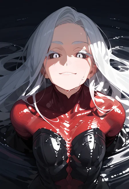 abbystea style, zPDXL2, score_9, score_8_up, score_7_up,  alien monster girl, beautiful face, tentacle hands:1.1, (inside a cave), multiple eyes, ((close up:2)), black body color, long octopus hair:1.2,  tendrils wrapped around breasts, black body, extremely detailed, skin texture, glistening body, small breasts, red scales on body, dripping wet body, oiled, long sleeves, white face, (big ass:0.4), black sclera, (shining white eyes), emerging from water, monster body, glossy eyes, arching back, seductive smirk, wicked smile, Expressiveh, from above, mature woman, long hair, white eyelashes, colored eyelashes, white hair