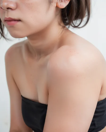 score_9, score_8_up, score_7_up, score_6_up, score_5_up, score_4_up, source_anime, screenshots, realistic, 1girl,small breasts, close-up, head out of frame, 
<lora:RealisticSkinv1_ponyv6_loraplus:1.15:step=15-28>real skin, freckles, mole,
black tube top,