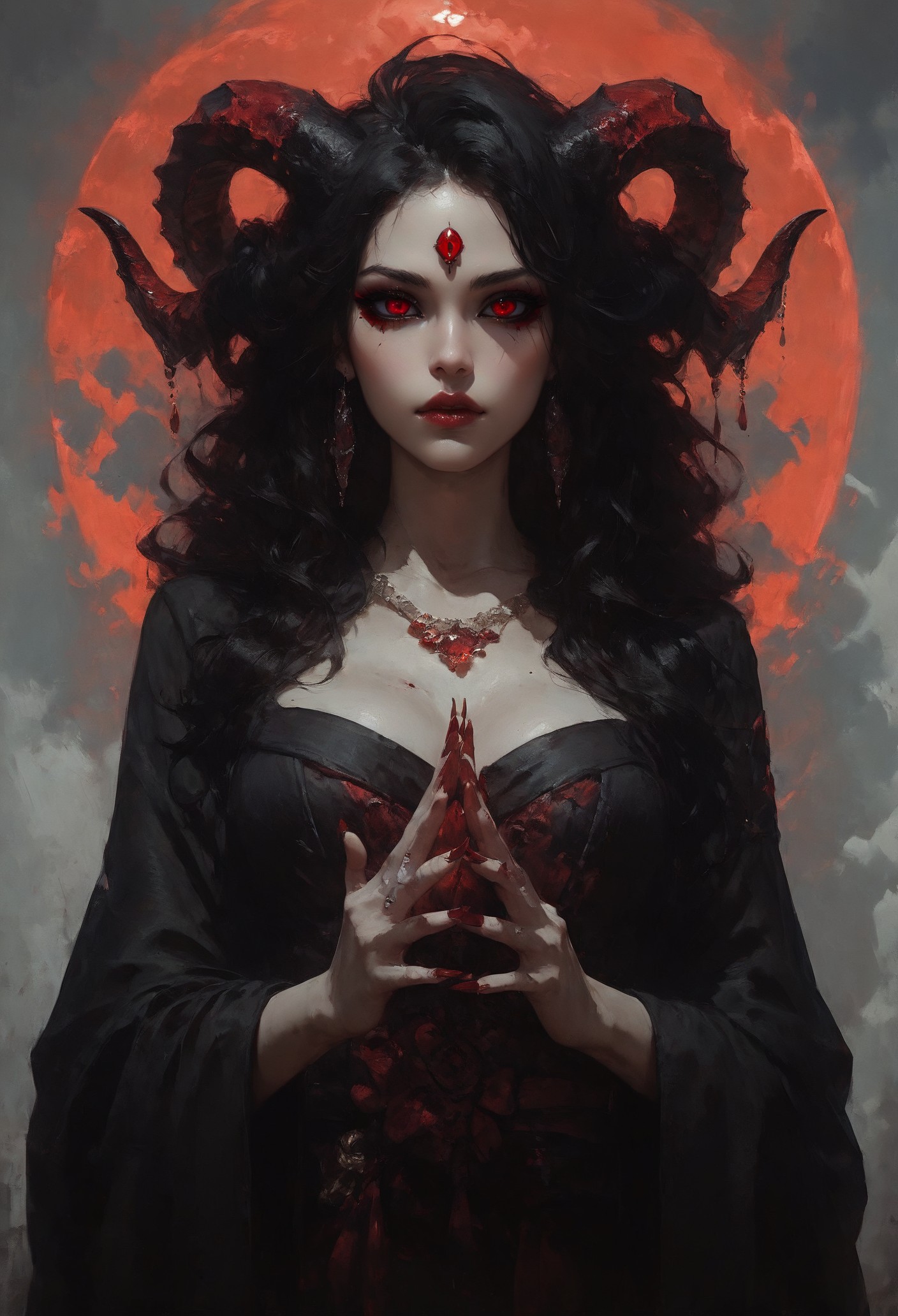 score_9, score_8_up, score_7_up,  solo, a gorgeous japanese girl, ominous, beautiful face, beautiful features, glowing bright red eyes, red pupils, seductive stare, huge demon horns, adorned horns, black sclera, pale skin, black eyeshadow, thick red eyeliner, red lipstick, thick eyelashes, beautiful black hair, bloody hands, dark red gemstone in forehead, dark red jewelry, wearing a black kimono, long red fingernails, black background, red linework around the character, thick line art, large glowing moon behind the character, drapery dress, dark red cloak, looking down at the viewer, cowboy shot  <lora:pony/twilight_style:0.8> <lora:pony/expressiveh:0.8> expressiveh <lora:pony/vixon_gothic_oil_style:0.7> d4rk01l