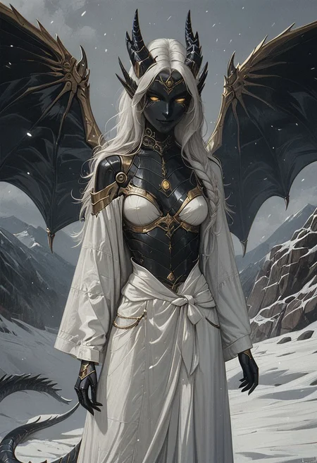 score_9, score_8_up, score_7_up,
robot girl, (robot body), black metal body, dragon tail, dragon wings, long white hair,
hkmagic, white robe,
proud, medium breasts, silver, gold accents,
solo, xenotr1p,
(snowy mountains and sunset in the background),