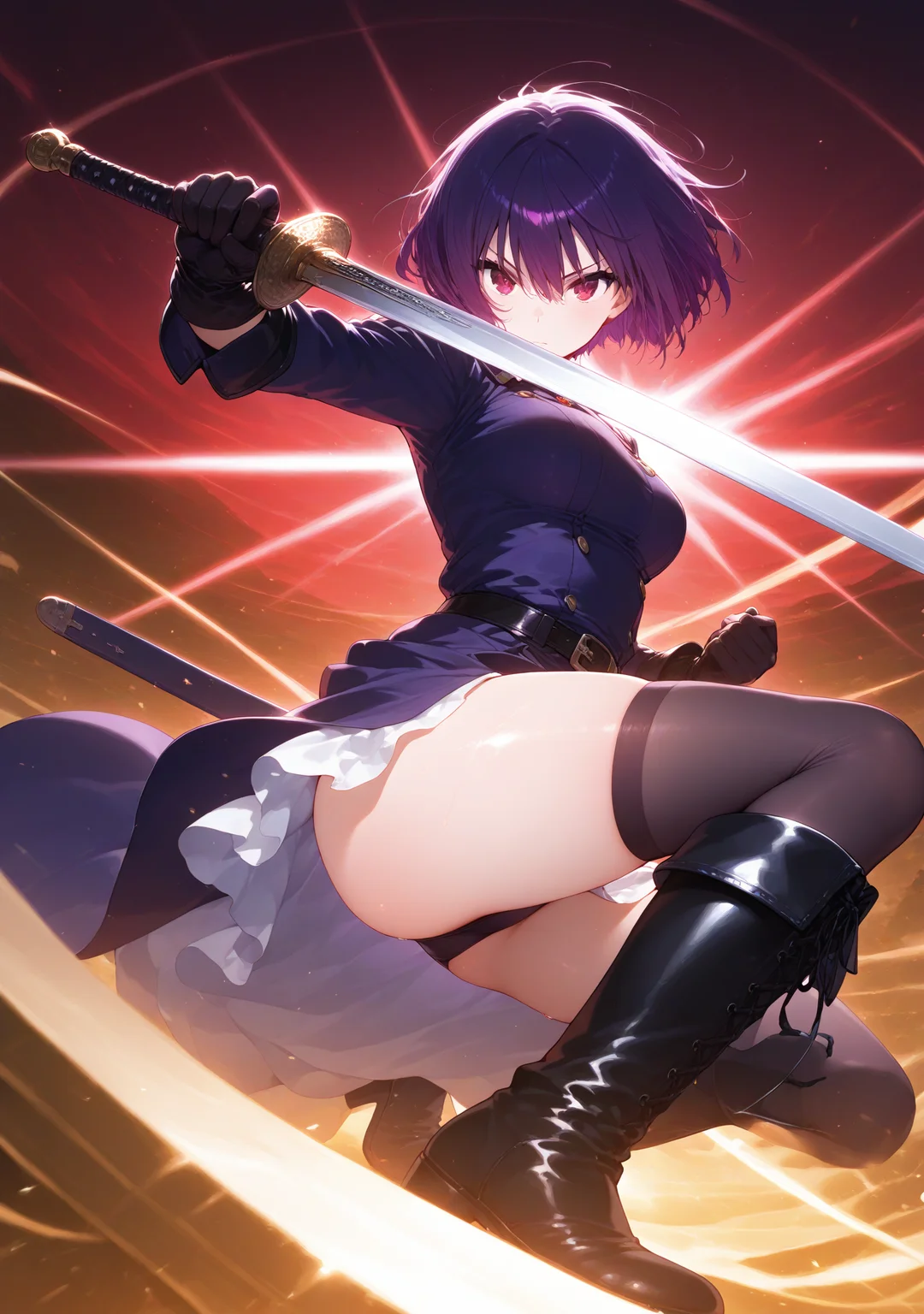 masterpiece,best quality,amazing quality,
<lora:ricotte2:1>,ricottestyle,
1girl,boots,gloves,holding,purple hair,short hair,solo,thighhighs,sword,album cover,