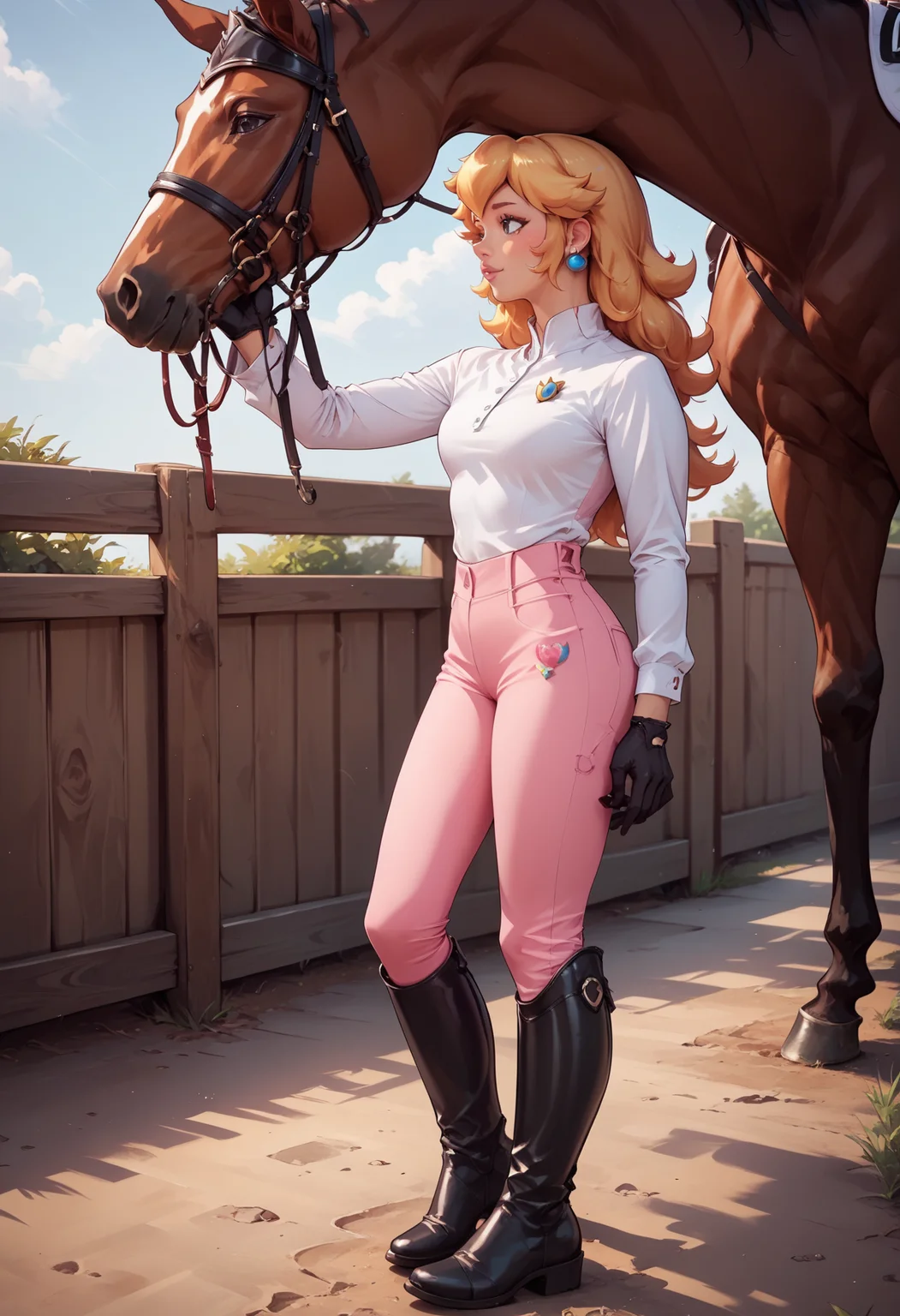 score_9, score_8_up, score_7_up, source_anime
, princess peach, 1girl, pink pants , <lora:ridingOutfitPony:1.0>, black gloves, white shirt, boots, long sleeves, petting a horse