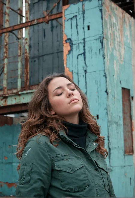 A young woman with light skin and long, wavy brown hair, stands with her eyes closed, her face tilted slightly upward, as if enjoying a gentle breeze. She wears a dark green military-style jacket over a black turtleneck. The background features a rusty, industrial structure, with peeling blue paint and a reddish-brown metal surface, suggesting an urban setting. The image has a natural, candid quality, with soft lighting and a muted color palette, enhancing the serene and introspective mood.